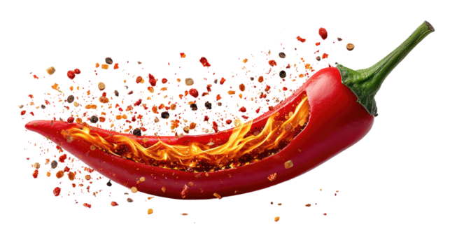 Fiery Chilli Pepper: A vibrant red chili pepper, dramatically sliced to reveal a fiery interior, with a dynamic display of peppercorns. Capturing the essence of spice and flavor.