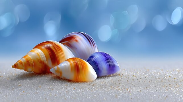 Close up macro photo of seashells scattered on sand with sparkling bokeh background in blue and white tones - Powered by Adobe