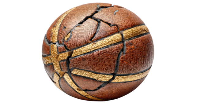 Fractured Leather Sphere: An intricately designed sphere, resembling a basketball, displays a mesmerizing fragmentation effect with a weathered brown leather, enhanced with elegant gold accents.