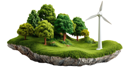 Sustainable Energy Island: A miniature island showcases sustainable living with lush green trees and a wind turbine, symbolizing environmental responsibility.