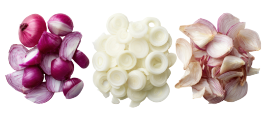 Three bunches of sliced radishes and onions isolated on transparent background