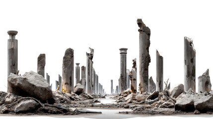 Fototapeta premium Ruined pillars and rubble: A desolate scene of weathered stone, capturing the remnants of a fallen civilization, standing as a testament to history and the passage of time.