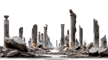 Ruined pillars and rubble: A desolate scene of weathered stone, capturing the remnants of a fallen civilization, standing as a testament to history and the passage of time.