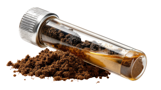 Scientific Sample: A close-up shot features a glass vial containing a scientific sample, next to a pile of granular substance, representing a chemical process or research.