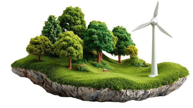 Sustainable Energy Island: A miniature island showcases sustainable living with lush green trees and a wind turbine, symbolizing environmental responsibility.