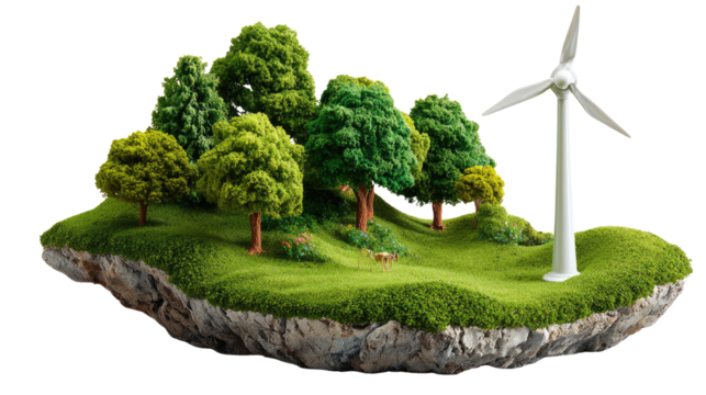 Sustainable Energy Island: A miniature island showcases sustainable living with lush green trees and a wind turbine, symbolizing environmental responsibility.