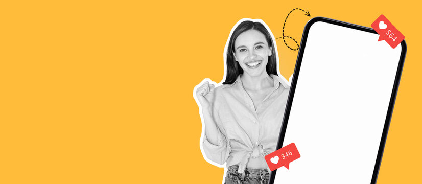 A young woman smiles and raises her fist in joy, surrounded by colorful elements representing social media engagement. The vibrant background enhances her positive energy in this lively collage.