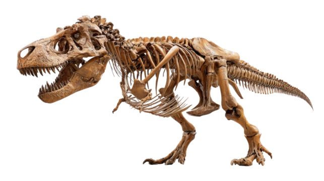 T-Rex Skeleton: A preserved Tyrannosaurus Rex skeleton stands as a testament to the prehistoric era, showcasing its imposing structure and intricate skeletal details.