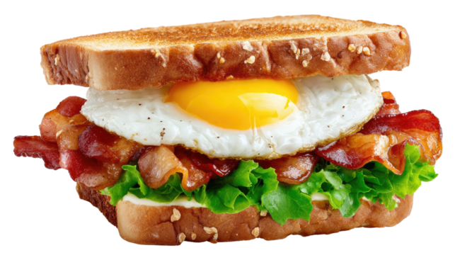 Savory Breakfast Sandwich: A close-up shot of a breakfast sandwich. Perfectly toasted bread cradles crispy bacon, a fresh lettuce leaf, and a sunny-side-up egg with a bright yellow yolk