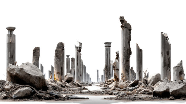 Ruined pillars and rubble: A desolate scene of weathered stone, capturing the remnants of a fallen civilization, standing as a testament to history and the passage of time.