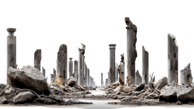 Ruined pillars and rubble: A desolate scene of weathered stone, capturing the remnants of a fallen civilization, standing as a testament to history and the passage of time.