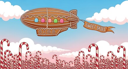 Gingerbread Airship Flying Over Candy Cane Forest Under Cloudy Sky.