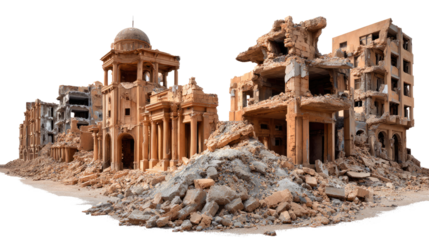 War-Torn Ruins: A somber depiction of a cityscape reduced to rubble, evoking the stark reality of conflict and destruction