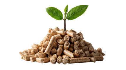 Eco-Friendly Pellets: A small sapling sprouts atop a pile of wooden pellets, symbolizing sustainable fuel, and eco-conscious living. The image tells a tale of renewal.