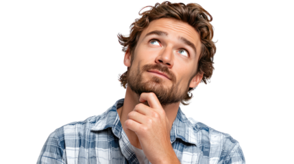 Man in Thought: A portrait of a man lost in contemplation, gazing upwards with a thoughtful expression and hand on chin.