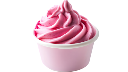 A cup of pink frozen yogurt with a swirl on top against a black background in a close up view