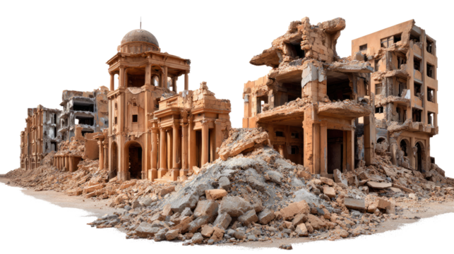 War-Torn Ruins: A somber depiction of a cityscape reduced to rubble, evoking the stark reality of conflict and destruction