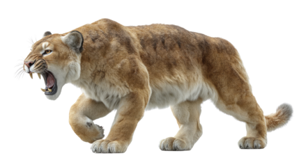 Saber-Toothed Tiger: A fierce saber-toothed tiger prowls with bared teeth, showcasing its raw power and the formidable nature of a prehistoric predator.