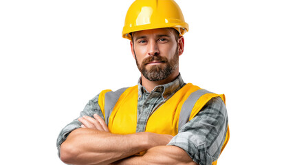 Confident Construction: A skilled construction worker, adorned in a hardhat and high-visibility vest, stands resolute, exuding confidence and expertise.