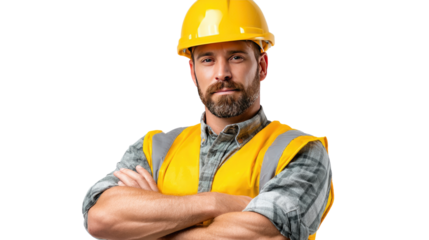 Confident Construction: A skilled construction worker, adorned in a hardhat and high-visibility vest, stands resolute, exuding confidence and expertise.