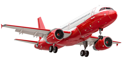 Crimson Ascent: A sleek, red and white passenger jet gracefully ascends into the sky, its powerful engines ready for flight, poised to carry travelers toward their destinations.
