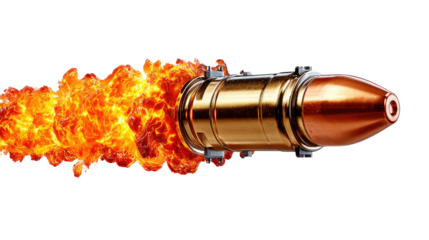 Speed of projectile: A high-velocity bullet bursts forth with a trail of fiery energy, capturing the intense power and movement of modern weaponry.