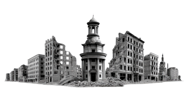 Urban Ruin: A stark monochrome view of a cityscape ravaged by time or conflict, showcasing a cityscape of shattered buildings, evoking a sense of desolation and the passage of time.
