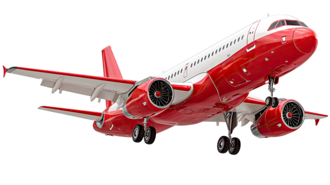 Crimson Ascent: A sleek, red and white passenger jet gracefully ascends into the sky, its powerful engines ready for flight, poised to carry travelers toward their destinations.