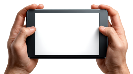 Digital Device: A close-up shot features a pair of hands holding a sleek tablet with a blank screen, suggesting the potential for showcasing user content, digital display.