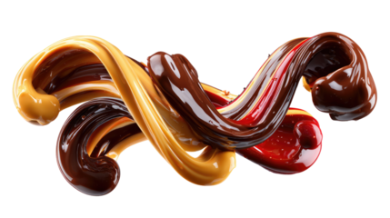 Swirled Culinary Delight: An artistic presentation of swirling, colorful confectionery, exuding rich flavors. showcasing a playful mix of chocolate and caramel.