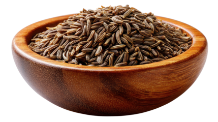 Cumin Seeds in Wooden Bowl: A close-up shot of a rustic wooden bowl brimming with aromatic cumin seeds, showcasing the texture and rich color of this culinary essential.
