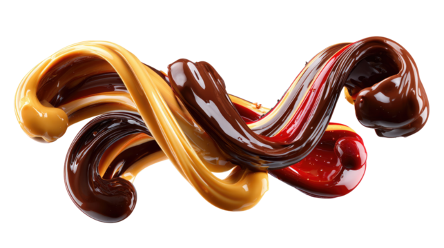 Swirled Culinary Delight: An artistic presentation of swirling, colorful confectionery, exuding rich flavors. showcasing a playful mix of chocolate and caramel.
