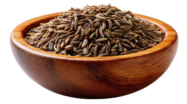 Cumin Seeds in Wooden Bowl: A close-up shot of a rustic wooden bowl brimming with aromatic cumin seeds, showcasing the texture and rich color of this culinary essential.