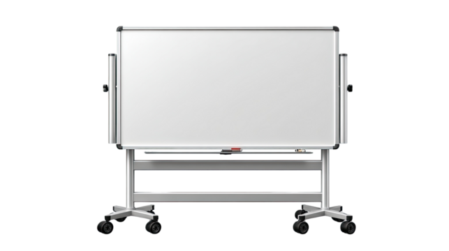 Empty Canvas for Ideas: A sleek, modern whiteboard stands ready, a blank slate for creativity, innovation, and strategic planning. The clean surface and professional design convey clarity.