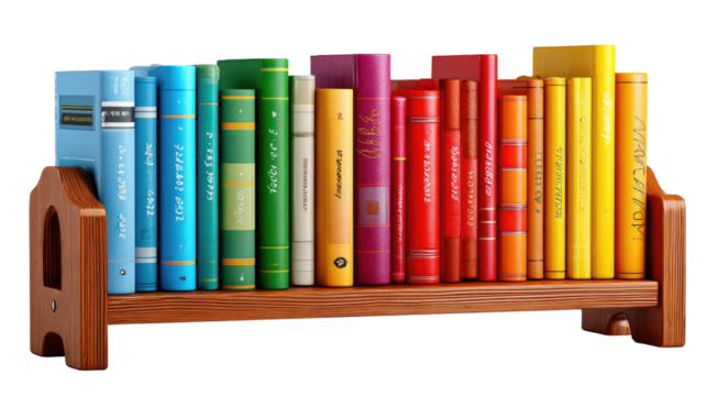 Rainbow Array of Knowledge: An inviting display of colorful books in a wooden bookshelf, a vibrant spectrum of knowledge inviting exploration and learning. 