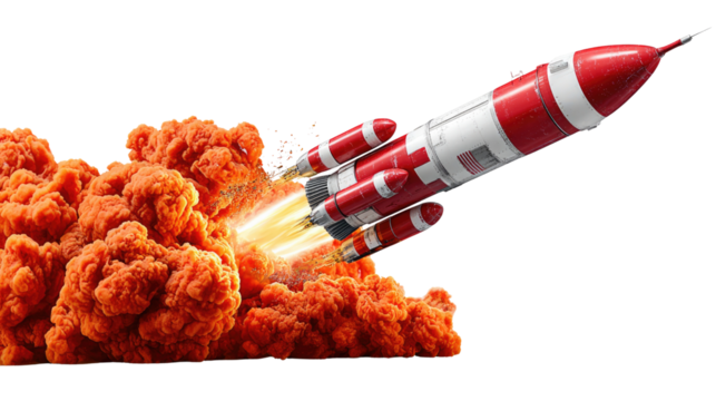 Rocket Ascent: A rocket streaks through the sky, leaving a trail of fiery exhaust and billowing clouds, representing the start of exploration.