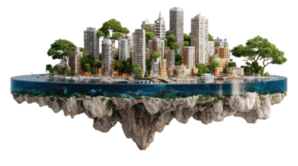 City in the Sky: A futuristic metropolis, soaring high above the clouds, embodies innovation and sustainability, featuring modern architecture interwoven with vibrant greenery.