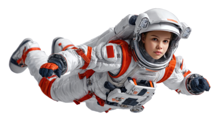 Astronaut soaring through the cosmos: A female astronaut, adorned in a pristine spacesuit, navigates the inky blackness, symbolizing exploration and human ambition.