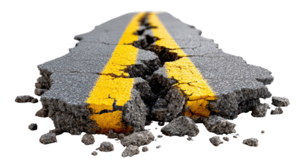 Damaged Road: A visual representation of damage, with a cracked asphalt road and prominent yellow lines showcasing disruption and potential hazards.