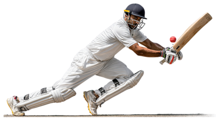 Dynamic Cricket Action: A cricketer in full gear executes a powerful shot, bat connecting with a speeding red ball, showcasing the thrill of the sport