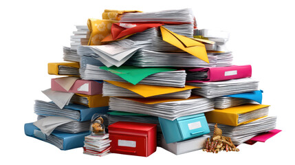 Paperwork Overload: A mountain of documents and papers dominates the scene, highlighting the challenges of organization in a bustling office environment.