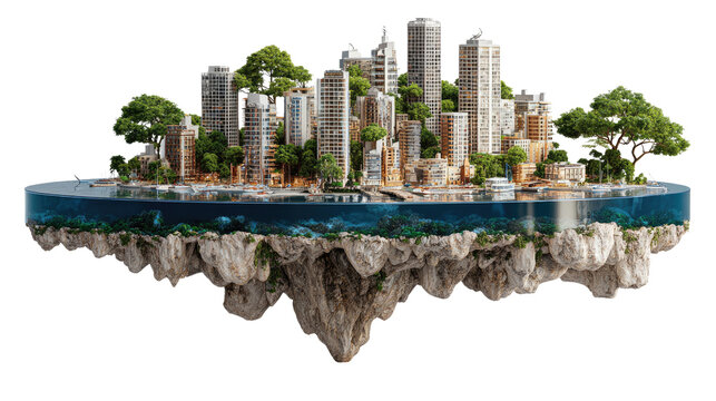 City in the Sky: A futuristic metropolis, soaring high above the clouds, embodies innovation and sustainability, featuring modern architecture interwoven with vibrant greenery.