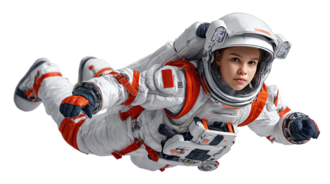 Astronaut soaring through the cosmos: A female astronaut, adorned in a pristine spacesuit, navigates the inky blackness, symbolizing exploration and human ambition.  - Powered by Adobe
