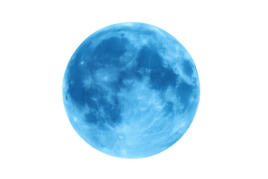 Blue full moon showing craters and shadows during a lunar eclipse or special celestial event, a vibrant blue planet on transparent background