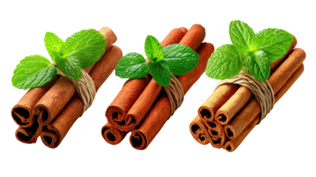 Cinnamon Bundles with Mint: Close-up of three cinnamon bundles decorated with fresh mint, a fragrant and visually appealing arrangement.