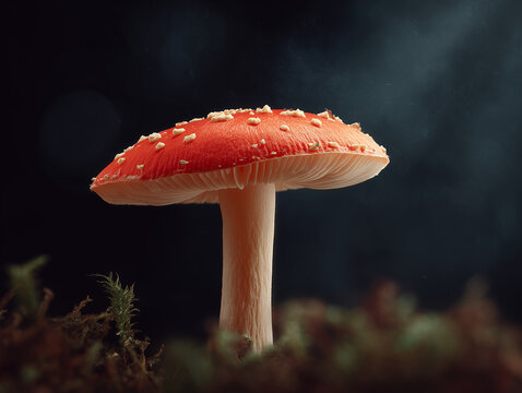 Single red mushroom with dewdrops shines in dark forest, magical focus highlights mystery, fragility and life