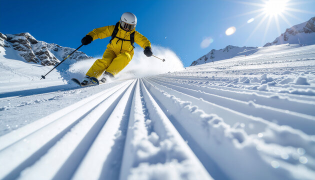 Skier carving fresh powder in yellow gear &mdash; dynamic winter sports action (slow motion turn)
