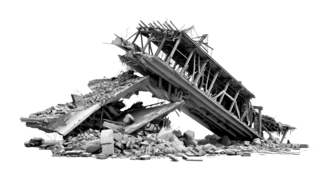 Destructive aftermath: a grayscale image captures the ruins of a collapsed bridge or building. Debris, concrete chunks.