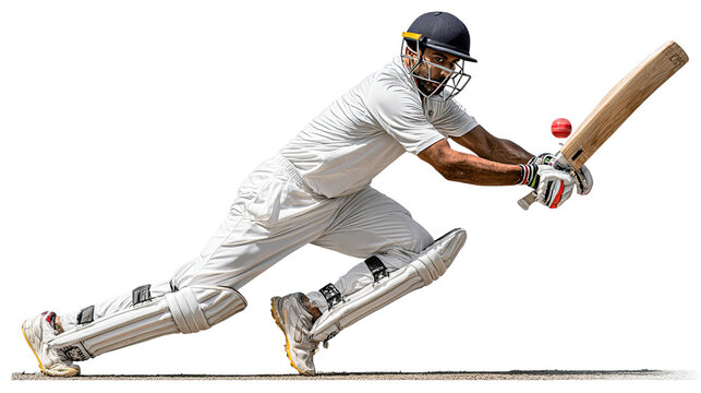 Dynamic Cricket Action: A cricketer in full gear executes a powerful shot, bat connecting with a speeding red ball, showcasing the thrill of the sport