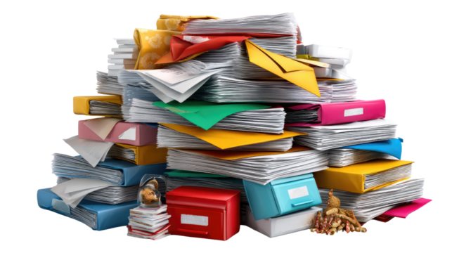 Paperwork Overload: A mountain of documents and papers dominates the scene, highlighting the challenges of organization in a bustling office environment.
